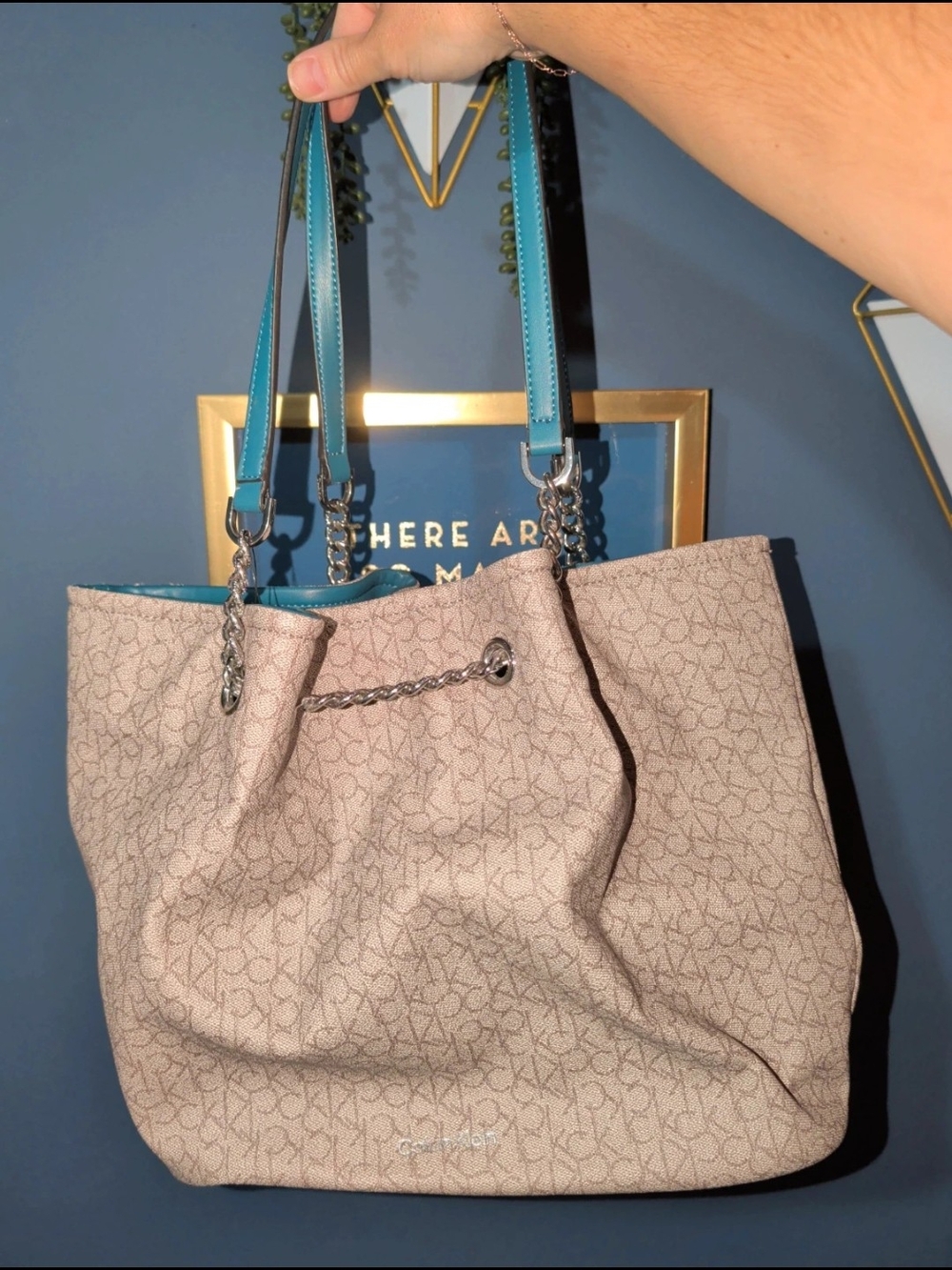 New Beige Calvin Klein Print Tote with Teal Handles